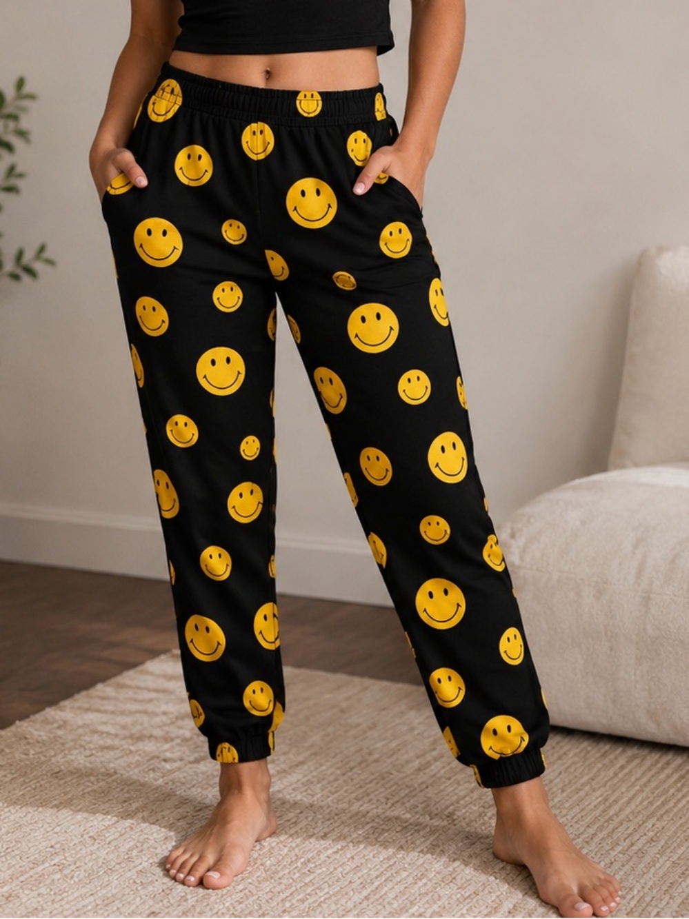 VIP Black Track Joggers with Yellow Smiley Print size 11/12
